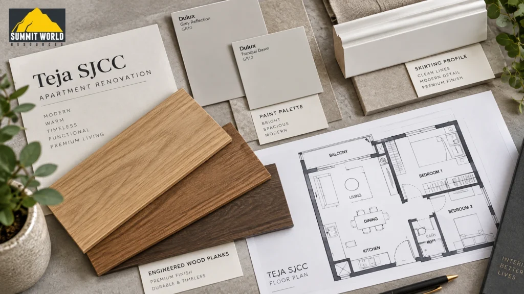 An interior design mood board for a Teja SJCC apartment renovation. The board features physical samples of premium engineered wood planks