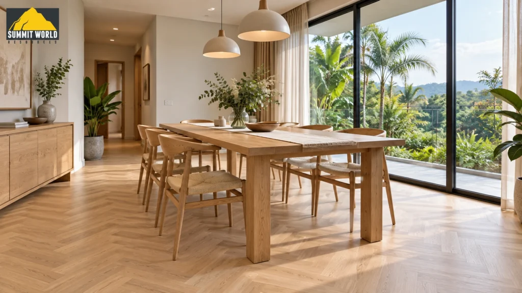 An interior view of a dining room in a Nestree Residence unit showing an elegant light oak herringbone SPC floor