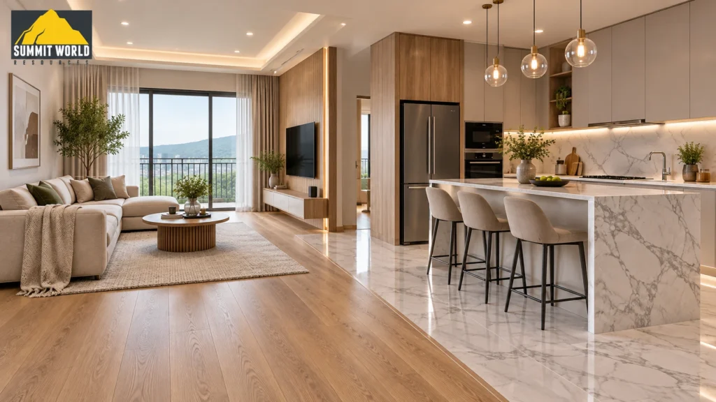 An open-concept living hall and kitchen transition showing stone-look marble LamiSPC flooring in the kitchen area smoothly meeting warm oak WPL laminate flooring in the living room