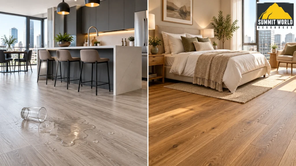 The left side shows a sleek, waterproof SPC vinyl floor in a modern kitchen area resisting a water spill. The right side shows warm, authentic engineered oak wood flooring