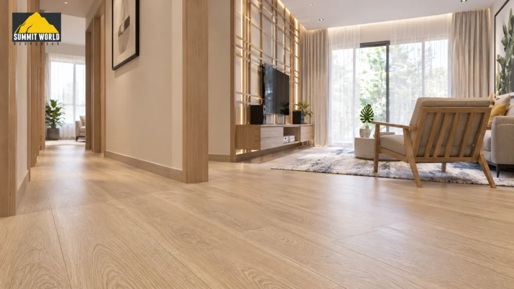 close-up shot showing a smooth, barrier-free floor transition between a living room and hallway inside a Tuai Timur apartment. The floor features a non-slip light oak SPC vinyl plank