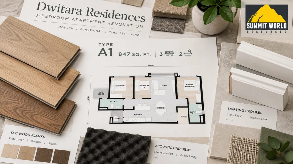 interior design mood board for a Dwitara Residences apartment renovation.SPC wood planks, acoustic underlay foam, modern white skirting profiles, and a blueprint
