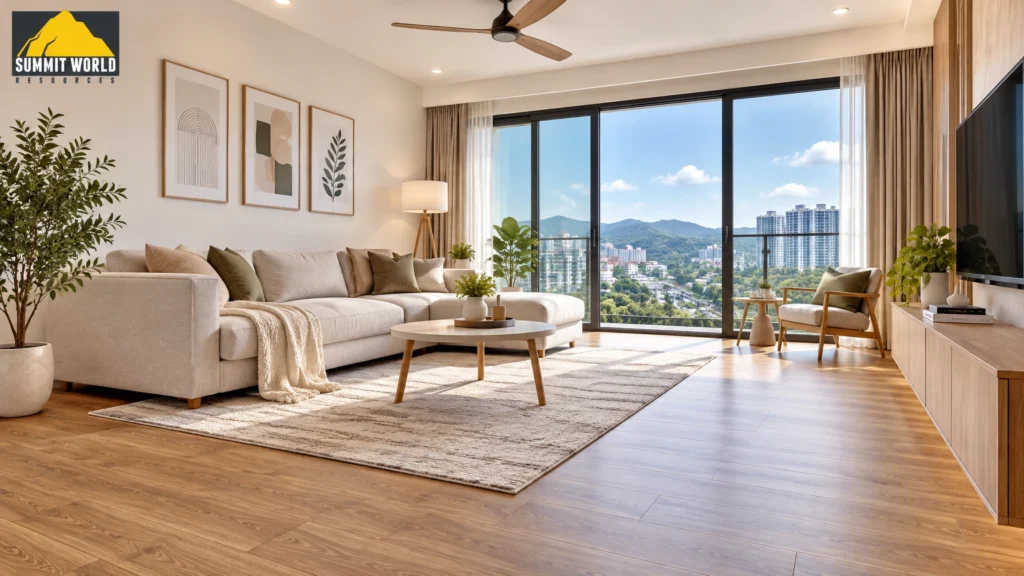 living hall inside a newly handed-over condominium unit at 168 Park Selayang along Jalan Kuching. The space displays heavy-duty wood-grain WPL waterproof laminate flooring