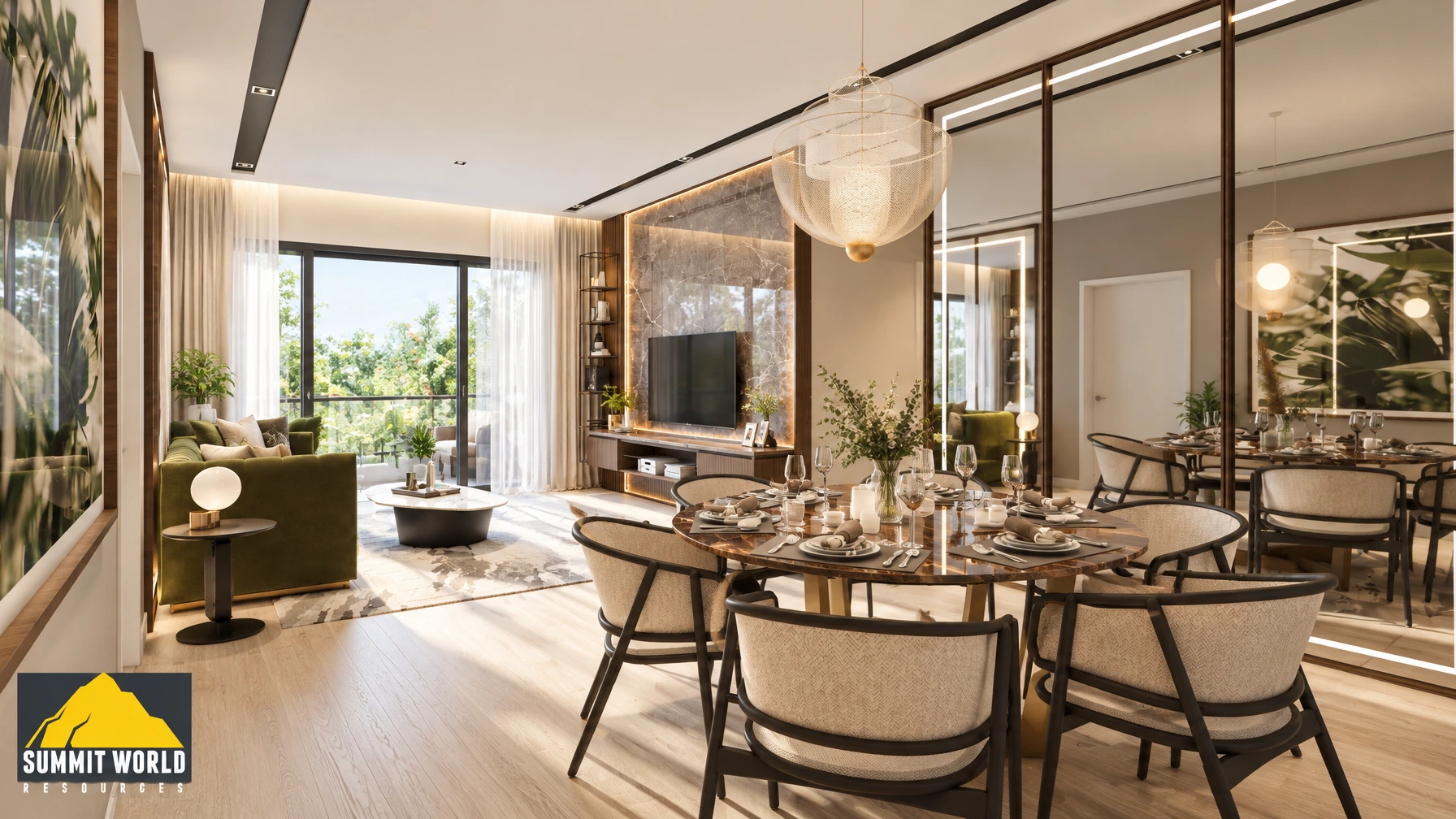 living room inside a newly completed multi-generational condominium at Tuai Timur in Setia Alam. non-slip light-oak wood textured SPC vinyl floor overlay with zero-threshold transitions