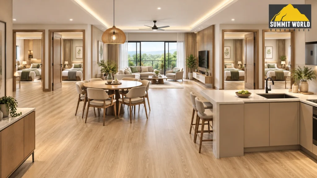 multi-generational dining and living area at Tuai Timur, showing seamless light oak SPC vinyl flooring running smoothly across all rooms without threshold breaks