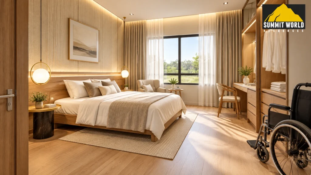 senior bedroom suite inside a Tuai Timur apartment. The room features a soft natural engineered oak wood floor