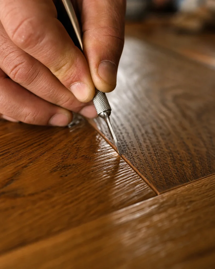 Close-up of craftsman using precision scribe tool on warm engineered oak timber flooring seam joints.